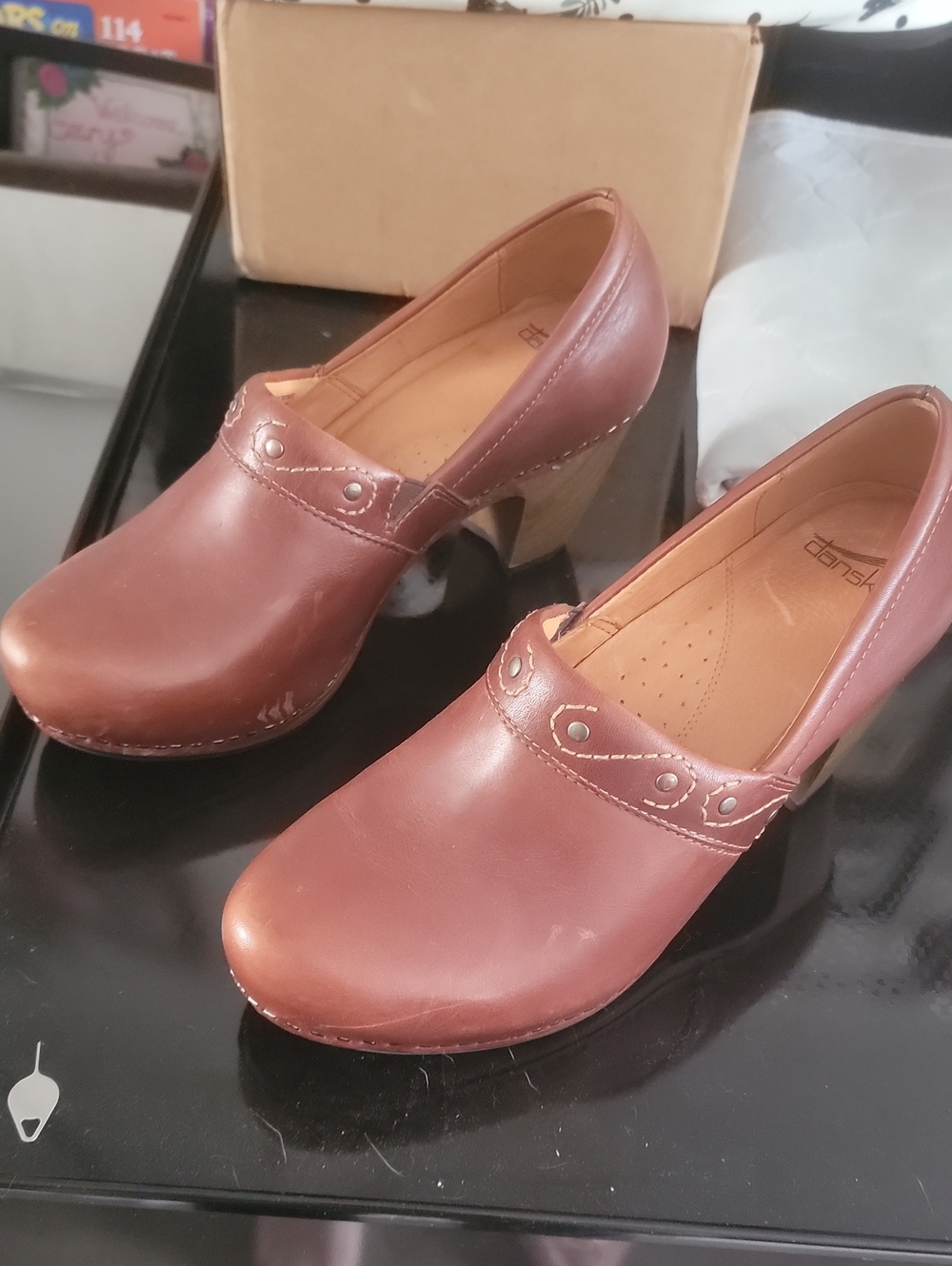 Dansko Brown Leather Heeled Clogs with Rivet Detail